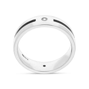 Sterling Silver Whitby Jet Diamond 6mm Patterned Wedding Band Ring D