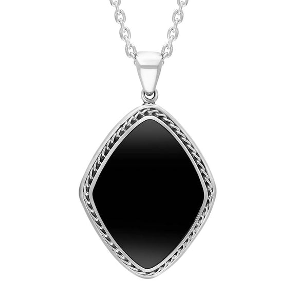 Sterling Silver Whitby Jet Rhombus Rope Edge Necklace Punq0007823