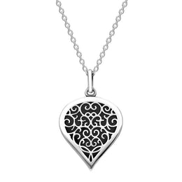 Sterling Silver Whitby Jet Flore Filigree Medium Heart Necklace. P3630.