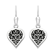 Sterling Silver Whitby Jet Flore Filigree Heart Drop Earrings. E2588.