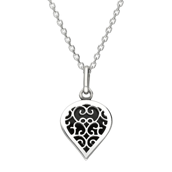 Sterling Silver Whitby Jet Flore Filigree Small Heart Necklace. P3629.