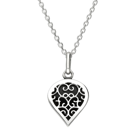 Sterling Silver Whitby Jet Flore Filigree Small Heart Necklace. P3629.