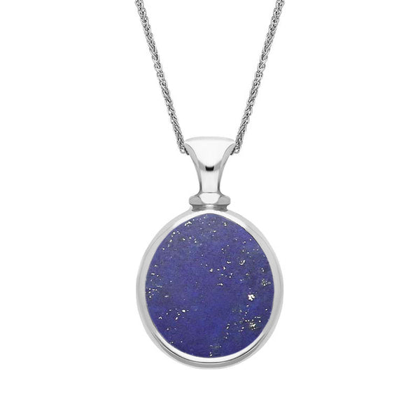 Sterling Silver Whitby Jet Lapis Lazuli Small Double Sided Pear Fob Necklace, P220.