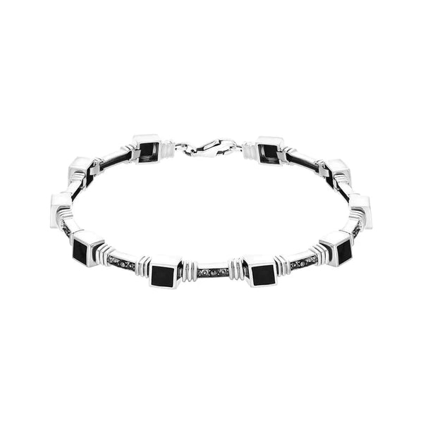 Sterling Silver Whitby Jet Marcasite Square Stone Bracelet, B752.