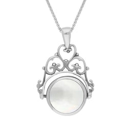 Sterling Silver Whitby Jet Mother Of Pearl Double Sided Round Swivel Fob Necklace, P110_2_2.