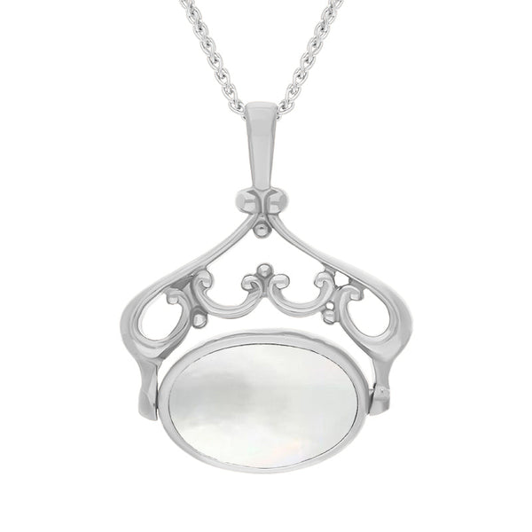 Sterling Silver Whitby Jet Mother Of Pearl Ornate Double Sided Oval Swivel Fob Necklace, P116_8.