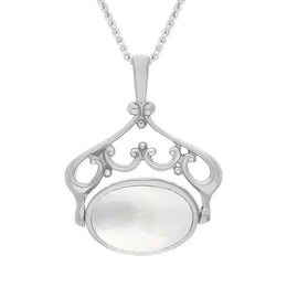 Sterling Silver Whitby Jet Mother Of Pearl Ornate Double Sided Oval Swivel Fob Necklace, P116_8.