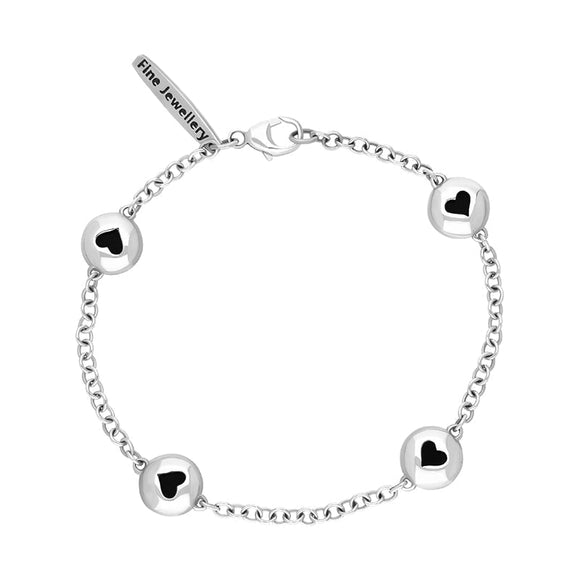 Sterling Silver Whitby Jet Oval Heart Detail Four Stone Bracelet, B797.