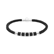 Sterling Silver Whitby Jet Plaited Leather Bar Bracelet