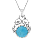 Sterling Silver Whitby Jet Turquoise Double Sided Round Swivel Fob Necklace, P110_2.
