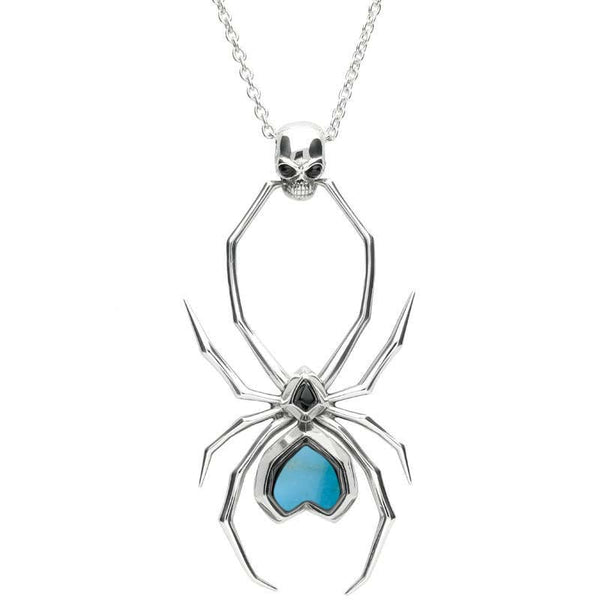 Sterling Silver Whitby Jet Turquoise Gothic Spider Skull Necklace, P2038.