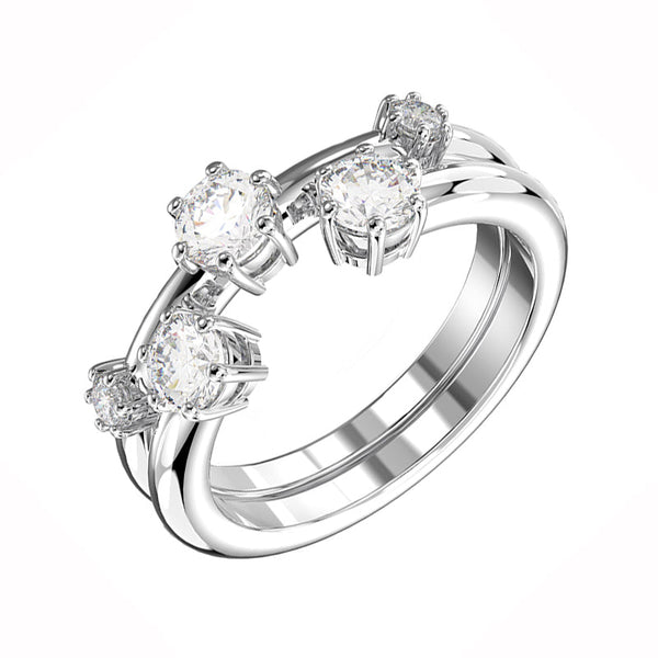 Swarovski Constella Rhodium Plated White Crystal Two Piece Ring Set Size 52