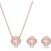 This beautiful Swarovski set from our Sparkling Dance collection impresses with its unique charm and will be a great addition to a jewelry collection. Both the pair of pierced earrings and the necklace feature a pink 'dancing' stone in the shape of a clov