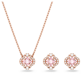 This beautiful Swarovski set from our Sparkling Dance collection impresses with its unique charm and will be a great addition to a jewelry collection. Both the pair of pierced earrings and the necklace feature a pink 'dancing' stone in the shape of a clov