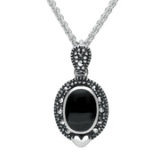 00045027 C W Sellors Sterling Silver Whitby Jet Marcasite Oval Framed Edged Necklace. P1310
