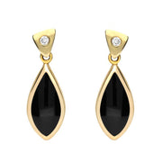 18ct Yellow Gold Whitby Jet Diamond Pointed Pear Drop Earrings E686