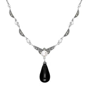 Sterling Silver Whitby Jet Marcasite Pearl Drop Necklace N1051