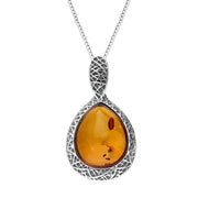 Sterling Silver Cognac Amber Basket Weave Edge Pear Necklace P3481