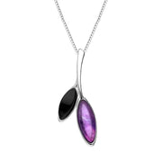 Sterling Silver Whitby Jet Amethyst Two Leaf Drop Necklace P2179