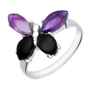 Sterling Silver Whitby Jet Amethyst Small Butterfly Ring R1169