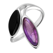 Sterling Silver Whitby Jet Amethyst Two Stone Leaf Ring R1205