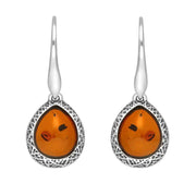Sterling Silver Cognac Amber Basket Weave Edge Pear Hook Earrings E2501_C