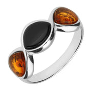 00177594 C W Sellors Sterling Silver Whitby Jet Cognac Amber 3 Stone Pear Ring R1212.
