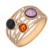 Rose Gold Vermeil Whitby Jet Amethyst Amber Bubble Ring, R1215