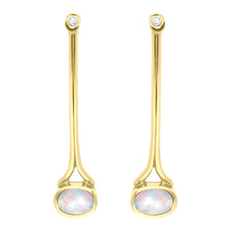 18ct Yellow Gold Opal 0.06ct Diamond Long Drop Earrings, E641.