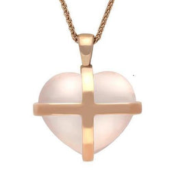 18ct Rose Gold Rose Quartz Large Cross Heart Necklace, P1542.
