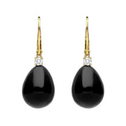18ct Yellow Gold Whitby Jet 0.20ct Diamond Lever Back Pear Drop Earrings. E2248