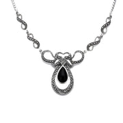 Sterling Silver Whitby Jet Marcasite Drop Bow Twist Necklace N893