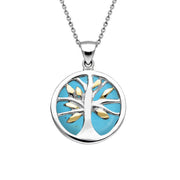Yellow Gold Plated Sterling Silver Turquoise Small Round Tree of Life Necklace, P3547