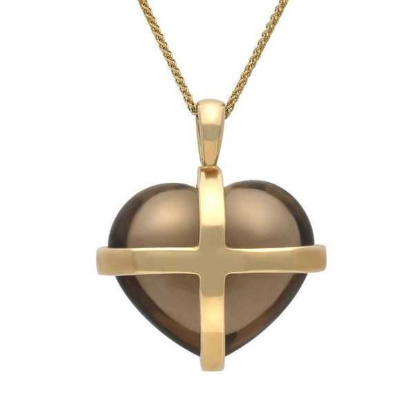 9ct Yellow Gold Smokey Quartz Cross Heart Necklace, P1542.