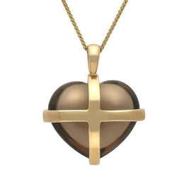 9ct Yellow Gold Smokey Quartz Cross Heart Necklace, P1542.