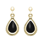 9ct Yellow Gold Whitby Jet Gold Pear Shaped Drop Earrings, E031.