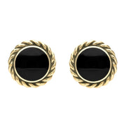 9ct Yellow Gold Whitby Jet Large Rope Edge Round Stud Earrings E115