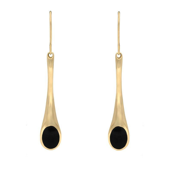 9ct Yellow Gold Whitby Jet Long Tapered Drop Hook Earrings. E840.