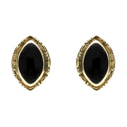 9ct Yellow Gold Whitby Jet Marquise Beaded Edge Stud Earrings. E136. 
