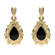 9ct Yellow Gold Whitby Jet Pear Shaped Leaf Drop Earrings E083