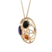 Rose Gold Vermeil Whitby Jet Amethyst Amber Three Stone Open Circle Necklace, P3482C. side