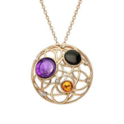 Rose Gold Vermeil Whitby Jet Amethyst Amber Three Stone Open Circle Necklace, P3482C.