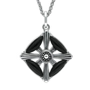 Pendant Whitby Jet And Silver Oxidised 4 Stone Square Cross. P2616.
