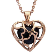 Rose Gold Plated Whitby Jet Heart Cage Necklace P1961