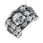 Sterling Silver Day Of The Dead Skull Flowers Wide Cuff Bangle