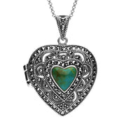 Sterling Silver Turquoise Marcasite Heart Shaped Vintage Style Locket Necklace P2149