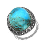 Silver Turquoise Marcasite Large Oval Beaded Edge Ring R824
