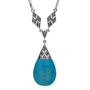 Silver Turquoise Marcasite Pear Drop Rhombus Link Necklace N894