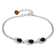 Silver Whitby Jet Amber and Silver 3 Stone Pear Bracelet B1005