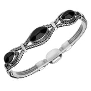 Silver Whitby Jet Foxtail Three Stone Marquise Bracelet. B967.
